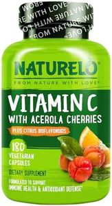NATURELO Vitamin C with Organic Acerola Cherry Extract and Citrus Bioflavonoids - Vegan Supplement - Immune Support - 500 mg VIT C per Cap - Non-GMO - 180 Capsules