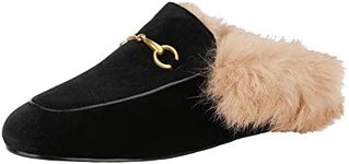 Fur Mules for Women Leather Low Heel Loafers Pointed Toe Rabbit Furny Mule Flats Backless Slides Black Velvet