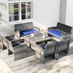 KOTEK 8 Pieces Patio Furniture Set, Wicker Patio Set with Cushions & Tempered Glass Coffee Table, Outdoor PE Rattan Conversation Set for Backyard, Poolside, Porch (Navy)