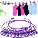 QONETIC Cloth Drying Rope with Hooks Elastic Hanging for 12 Clips Clothes Travel Home Outdoor Kapde Sukhane ki Rassi Wire -Multicolor Functional and 2 Hooks Clothesline (Pack of 1 (12 Clip Line))