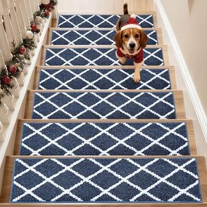 COSY HOMEER Edging Stair Treads Non-Slip Carpet Mat 28inX9in Indoor Stair Runners for Wooden Steps, Stair Rugs for Kids and Dogs, 100% Polyester TPE Backing 15pcs,Navy