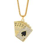 Hiphop Iced Out Playing Card Straight Flush Pendant With Stainless Steel Chain Men's Poker Necklace Golden Jewelry Dropshipping