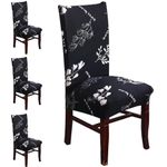 Styleys Polyester Blend Stretchable Printed Dining Washable Elastic Chair Covers Seat Case Protector, Slipcover - Set of 4 (Large, SLMC162 Black/White Bud)