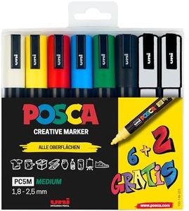 Faber-Castell uni-ball 186826 - Set di pennarelli POSCA, confezione da 8 penne acriliche PC-5M, 1,8 - 2,5 mm, 6 colori standard + 2 colori speciali alternati