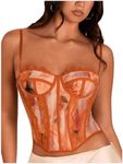 SHENHE Women's Lace Bustier Corset Top Sexy Floral Backless Going Out Tops Mesh Crop Top Camisole Orange Medium