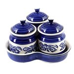 Kraftlik Handicrafts Kreative Homes Ceramic Jars With Lid And Holding Tray Multipurpose Barni For Chutney, Pickle Jar Storage Container, Dining Table Container Set (Pack Of 3, Blue)