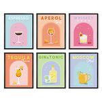 HAUS AND HUES Danish Pastel Posters Alcohol Poster - Set of 6 Aesthetic Cocktail Poster, Preppy Pictures for Wall, Funky Dorm Posters for College Girls, Colorful Bar Wall Art (8x10 Unframed)