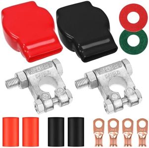 Glarks Car Battery Terminal Connectors Kit 2 Pairs Positive Negative Heavy Duty Battery Terminals with Cover, Copper Lugs, Heatshrink, Anti Corrosion Washer for Automotive, Truck, and RV Accessories