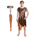 AYBUY Kids Caveman Costume, Boys Stone Age Themed Costume, Wild Cave Boys Outfit, Halloween Cosplay Fancy Dress Costume, Dark Brown Robe, Leopard Print Belt, Headscarf, Inflatable Stick 6-8 yr (M)