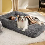 Bedsure Foldable Human Dog Bed for Kids, 2 in 1 Calming Human Size Giant Dog Bed Fits Pet Families with Egg Foam Supportive Mat and Waterproof Liner, Faux Fur Orthopedic Dog Sofa, Dark Grey