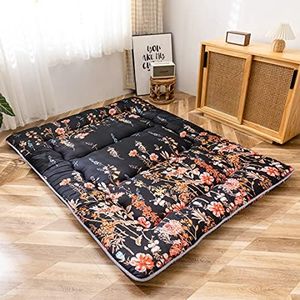MAXYOYO Colchón de suelo japonés, colchón de futón, tapete de tatami grueso, almohadilla de dormir plegable, almohadilla de colchón para dormitorio, almohada para cama (floral negro, individual)