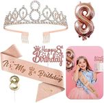 Sweet 8 Birthday Decorations for Her - 5pcs Gifts Including 8th Tiara Crown, Sash, Cake Toppers, Balloons, Birthday Candles, Sweet 8th Birthday Gifts for Girls, Party Decorations