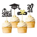 Blumomon 24Pcs Black Glitter Congrats Grad Cake Topper 2024 Graduation Party Decorations Supplies Graduation Cake Toppers Happy Graduation Party Decorations