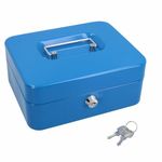 Primes DIY 10inch Metal Cash Box Steel Petty Cash Box Supplied with 2 Keys and Removable Change Tray in Black and Blue Perfect Secure Storage for Loose Change (Blue)