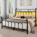 Rolanstar Full Bed Frame with USB Charging Station, LED Bed Frame with Storage Headboard, 14 Inch Black Metal Platform Bed with Sleigh Headboard and Footboard, No Box Spring Needed, Noise Free