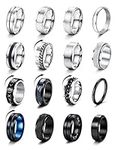 JeryWe 16Pcs Stainless Steel Band Rings for Men Women Fidget Rings for Anxiety Cool Spinner Chain Rings Wedding Promise Band Rings Men Cuban Link Chain Fashion Rings Pack Size 7-13