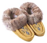 Eucoz Leather Moccasins Slippers Indoor for Women Men with Fleece Lined Soft Sole Slippers Rabbit Fur Trim for House Office Yellow