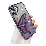 MOBITUSSION Designed for iPhone 16 Case | Cute Glitter Butterfly Flexible Electroplated Cover | Individual Camera Protection Lens (Glitter Butterfly- Purple)