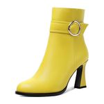 AMBELIGHT Women Round Toe Solid Zip Ankle High 3.3 Inch Casual Party High Heel Block Matte Boots Yellow Size 6.5