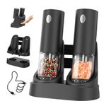 CIRCLE JOY Electric Salt and Pepper Grinder Set Rechargeable Pepper Mill Grinders with Charging Base, External Adjustable Coarseness, 95ml Container and White LED Light, Black