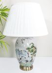 DOWNTON INTERIORS Large Grey Chinese Oriental Ceramic Table Lamp Green Black Crane Bird Pattern Overall Height 62cm G2108 (White Pleated Shade)