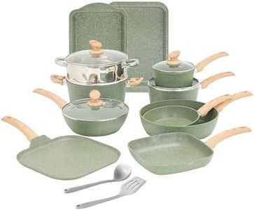 Kitchen Academy 17 Piece Non-Stick Pots and Pans Set, Induction Pan Set, Granite Non-Stick Saucepan Set, Green
