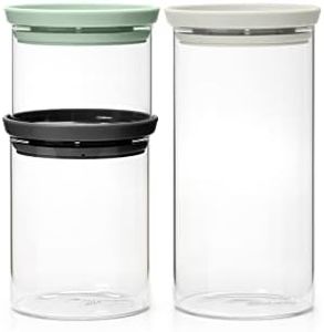 Brabantia - Bocaux de Stockage en Verre Empilables avec Couvercle - Lot de 3 - Rangement dans la Cuisine - Gain de Place - Conserver la Fraîcheur - Dark Grey/Light Grey/Jade Green - 0,3L/0,6L/1,1L