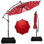 SANGMUCEN 10ft Solar Patio Umbrella with Base Included, Offset Cantilever Outdoor Umbrella with High-Brightness Center Spotlight & 32 LED Lights, 8 Heavy Duty Ribs for Backyard Garden Pool (Red)