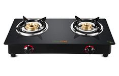 GREENCHEF Ebony Mild Steel - Powder Coated Manual 2 Burner Glass Top Gas Stove (Black)