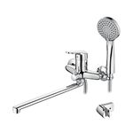 Ibergrif Roma M13150 Bathtub Mixer Tap, Wall Mounted Long Spout Bath Shower Tap with Handheld Shower for Long Distance Between Wall and Tub, Brass, Chromed Finished,Silver/Chrome