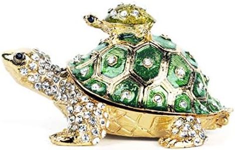 YU FENG Crystals Bejeweled Turtle Trinket Box Hinged Enameled Mother-Child Tortoise Animal Figurine Jewelry Ring Holder Box