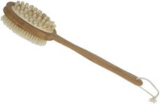 Natural Bamboo Body Brush with Long Handle - Dual-Sided Back Scrubber for Exfoliation, Massage and Circulation Boost - Bristles, Massage Nodes, Hanging Rope