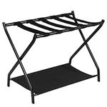 Heybly Luggage Rack,Steel Folding Suitcase Stand with Storage Shelf for Guest Room Bedroom Hotel,Black,HLR003B1