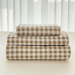 NSNLGSGC Tan Gingham Full Sheet Set, Soft Brushed Microfiber Taupe Plaid Full Bed Sheets, 4-Pieces Brown Grid Sheet Set with Deep Pocket