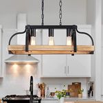 WUZUPS 3-Light Metal Pot Hanging Rack Chandelier Imitation Light Wood Grain Linear Pendant Ceiling Lighting Rustic Farmhouse Fixture Kitchen Island Dining Room, H 9.8" L 24.8" W11.8, E26 Base, Black