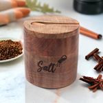 Creation India Craft Wooden Salt Box for Kitchen, Salt Cellar, Salt Jar - Hnadcrafted with Smooth Finishes, Pack of 1 (Spoon Outside)