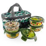 Home Puff Borosilicate Glass Lunch Box -Microwavable, Airvent Lid, Premium Carry Bag (Round 400 Ml, Set of 4) Green