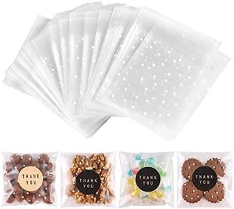 NPLUX 100PACK Self Adhesive Cookie Bags Cellophane Treat Bags Thank You Candy Bags for Gift Giving with Stickers(White Polka Dot, 4x4 INCH)