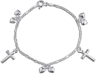 Christian Religious Multi Dangling Hearts Cross Charm Bracelet For Teen Women Polished .925 Sterling Silver 6 Inch Small Wrist