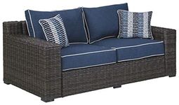 Signature Design by Ashley - Grasson Lane Outdoor Loveseat - Contemporary - Wicker/Rust-Free Aluminum Frame - Brown/Blue