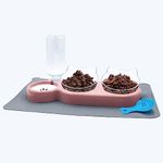 Triple Cat Bowls with Water Dispenser, Pet Water and Food Bowl Set with Non-Slip Mat and Scoop, 15° Tilted Double Dog Cat Bowls, Wet and Dry Food Bowl Set for Cats & Small Dogs (Pink)