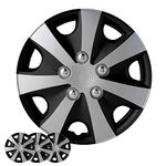 Wheel Cover Kit, 15 Inch Hubcaps Set of 4 Automotive Hub Caps with Universal Snap-On Retention Rings, 2-Tone ABS Plastic Black and Silver Rim Covers for All Makes, Models (SG-5051-DP-15)