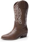 DREAM PAIRS Women's Cowboy Boots Mid Calf Cowgirl Boots Embroidery Stitched Western Boots Size 8.5,Brown-PU,DWUMMB2419