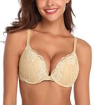 Deyllo Women's Push Up Lace Bra Comfort Padded Underwire Bra Lift Up Add One Cup(Beige,36C