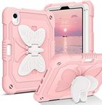 DUEDUE Case for iPad Mini 6 Case, Butterfly Wings Kickstand with Pencil Holder Heavy Duty Rugged Shockproof Full Protective Tablet Case for Apple iPad Mini 6th Generation 8.3 Inch Kids, Beige/Pink