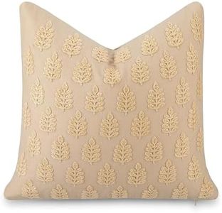 Crumbs Home Modern Farmhouse California Casual Indoor Outdoor Throw Pillow Cover, 20"x20" Water Repellent for Patio, Backyard, Couch, Poolside, Earth Tone Ivory Cream Tan Embroidered Leaves