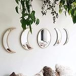 LXTaoler 5 Pcs Moon Phase Mirror Set, Acrylic Wooden Moon Mirror Decorative Mirror No Punch Boho Wall Decor for Aesthetic Home Living Room Bedroom Decor (Natural)