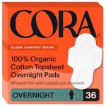 Cora 100% Organic Cotton Topsheet Pads | Ultra Thin Period Pads with Wings | Overnight Absorbency | Ultra-Absorbent Sanitary Pads for Women (36 Count)