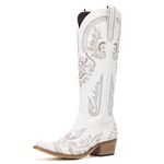 Western Cowboy Boots for Women Embroidered Rhinestones Knee High Cowgirl Boots Pointed Toe Chunky Heel Fashion Retro Classic Tall Boot, White, 8