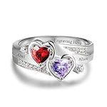 Personalised Engagement Sterling Silver Rings for Women Mums Grandma - Wedding Custom Promise Rings for Couples Name - 2 Heart Simulated Birthstone and 2 Engraved for Her Gifts Size M